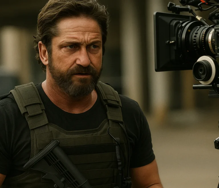Gerard Butler on set wearing tactical gear while filming an intense scene for Den of Thieves.