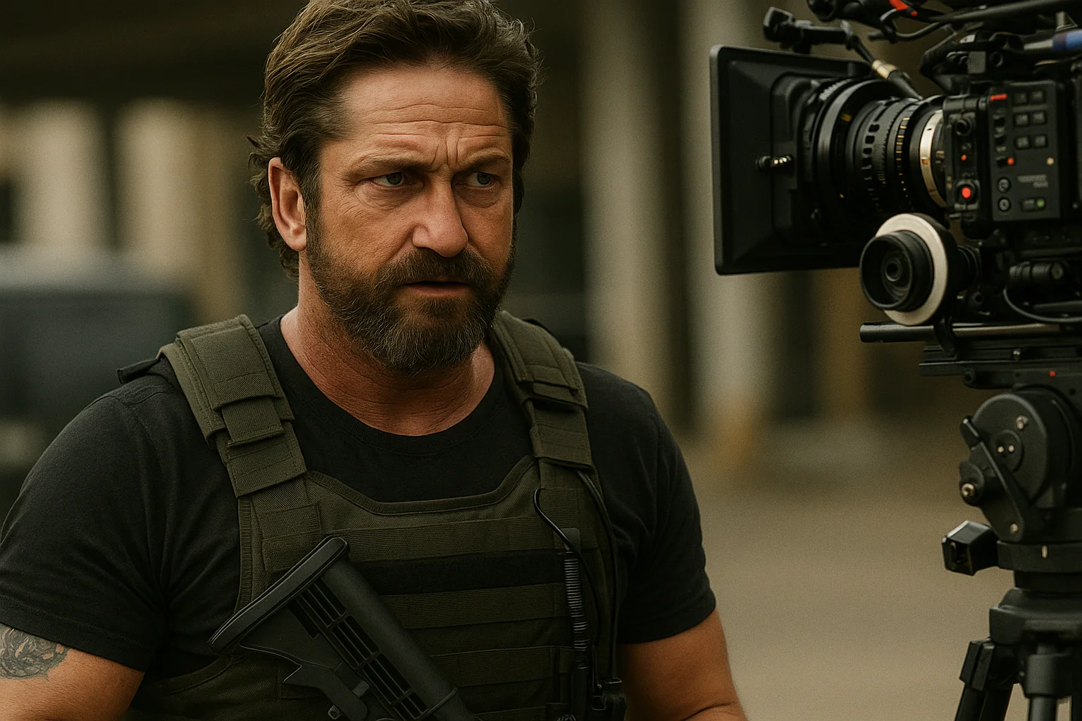 Gerard Butler on set wearing tactical gear while filming an intense scene for Den of Thieves.