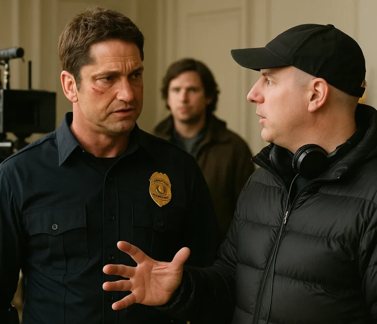 Gerard Butler discussing a scene with the director on set, wearing a law enforcement uniform during filming.