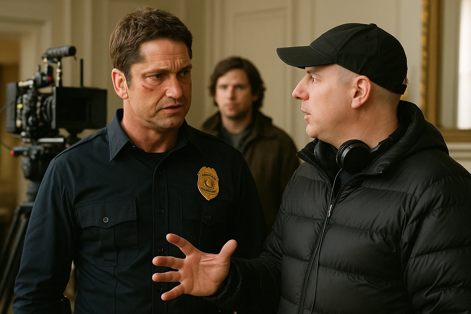 Gerard Butler discussing a scene with the director on set, wearing a law enforcement uniform during filming.