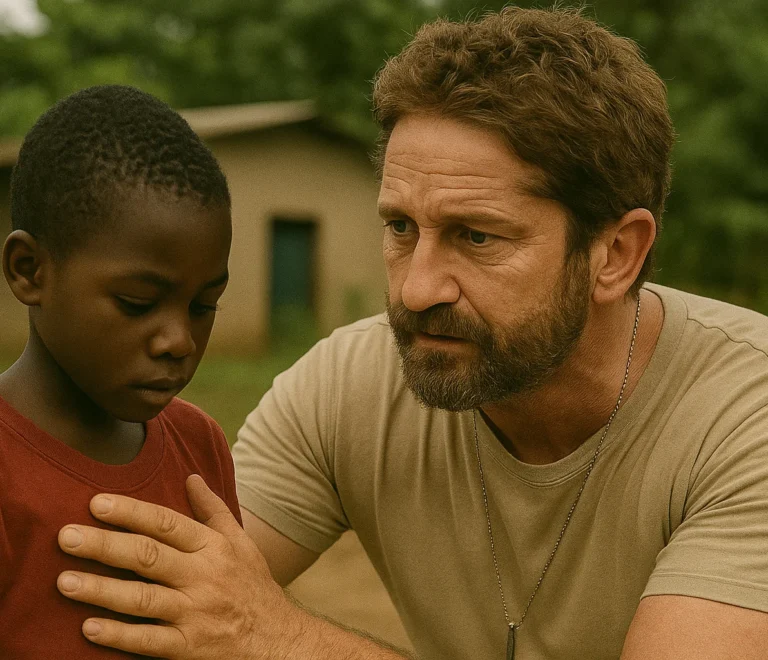 A man gently comforting a young boy outdoors, placing a reassuring hand on his shoulder with empathy and concern.