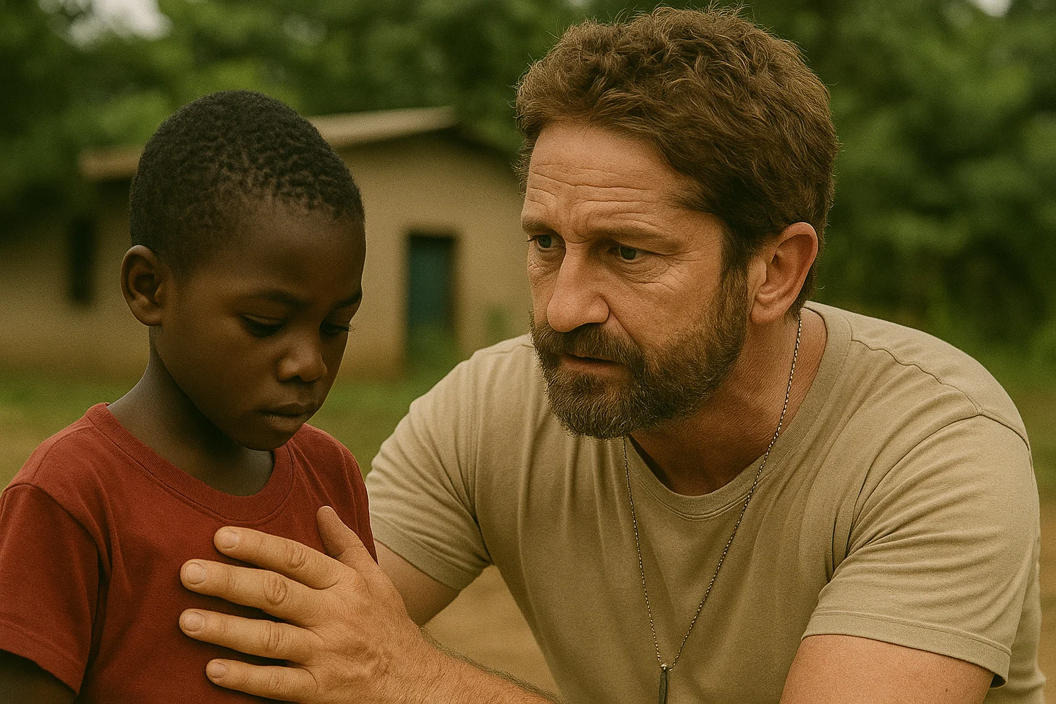 A man gently comforting a young boy outdoors, placing a reassuring hand on his shoulder with empathy and concern.