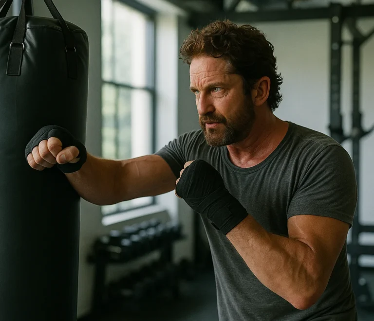 Gerard Butler training with a punching bag in a gym, showing intense focus and physical strength
