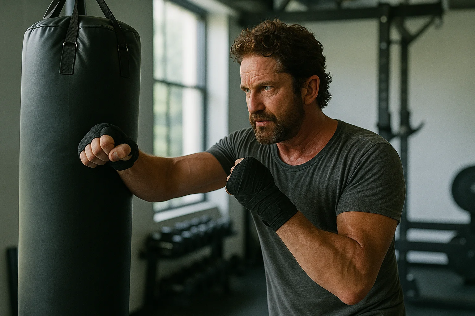 Gerard Butler training with a punching bag in a gym, showing intense focus and physical strength