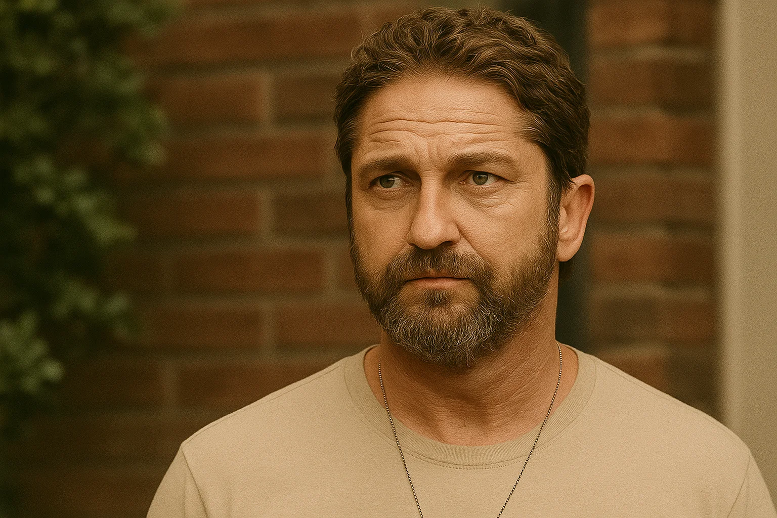Close-up portrait of a man with a serious expression standing in front of a brick wall background.