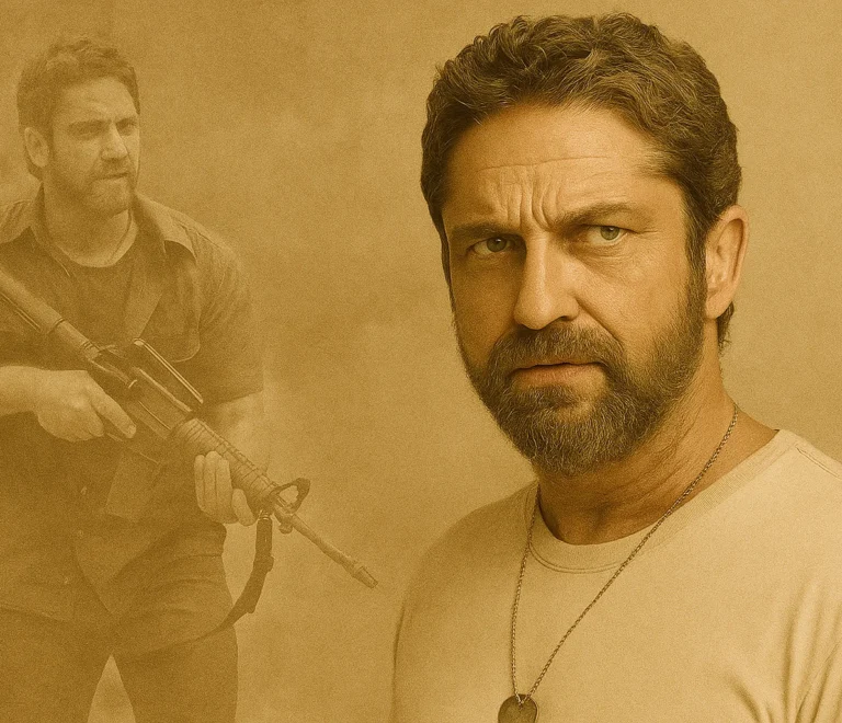 Portrait of a man with a serious expression, overlaid with an action scene of him holding a rifle in a dusty environment.