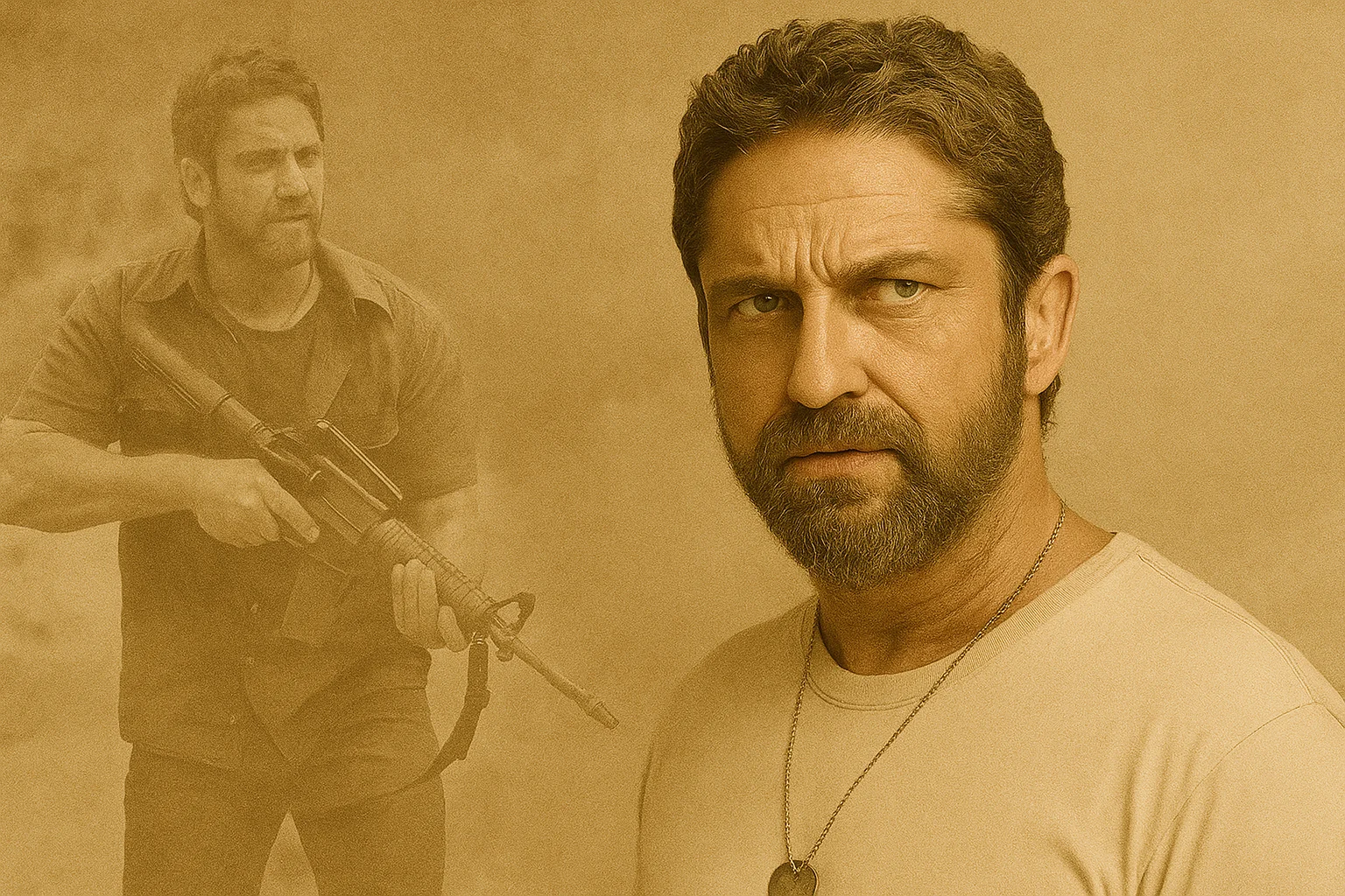Portrait of a man with a serious expression, overlaid with an action scene of him holding a rifle in a dusty environment.