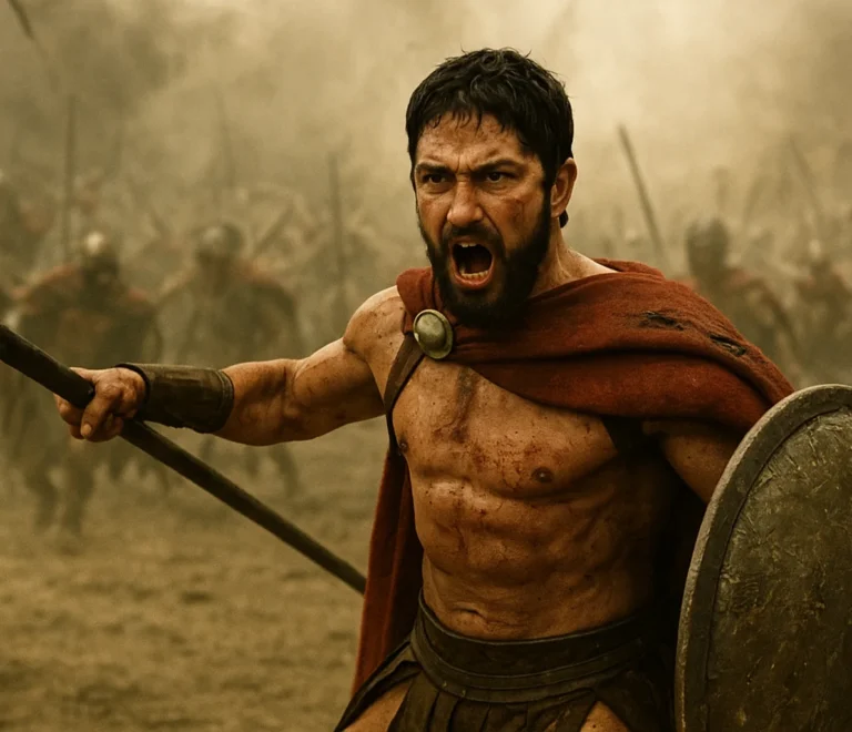 A fierce warrior wearing a red cape and armor charges forward on a battlefield, holding a spear and shield, shouting amid the chaos of battle.
