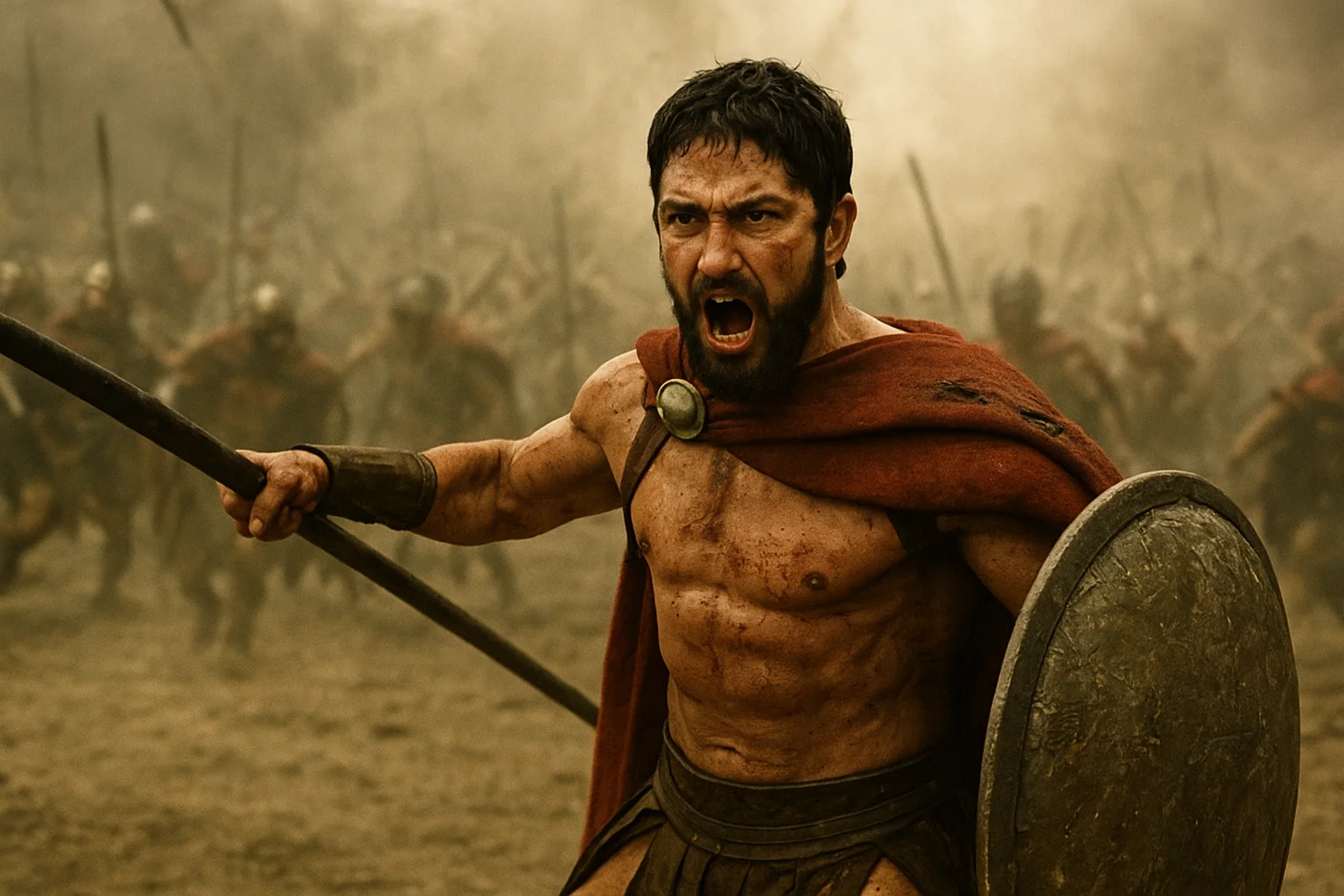 A fierce warrior wearing a red cape and armor charges forward on a battlefield, holding a spear and shield, shouting amid the chaos of battle.